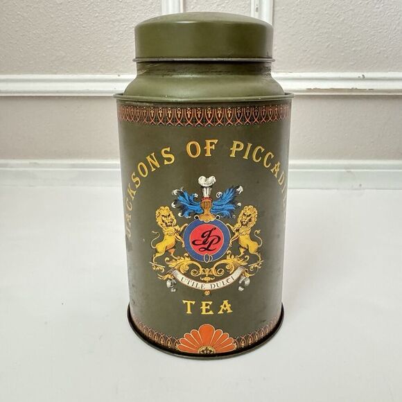 Vintage Jacksons Of Piccadilly Utile Dulci Tea Green Tin Canister Lion Crest - Picture 1 of 5